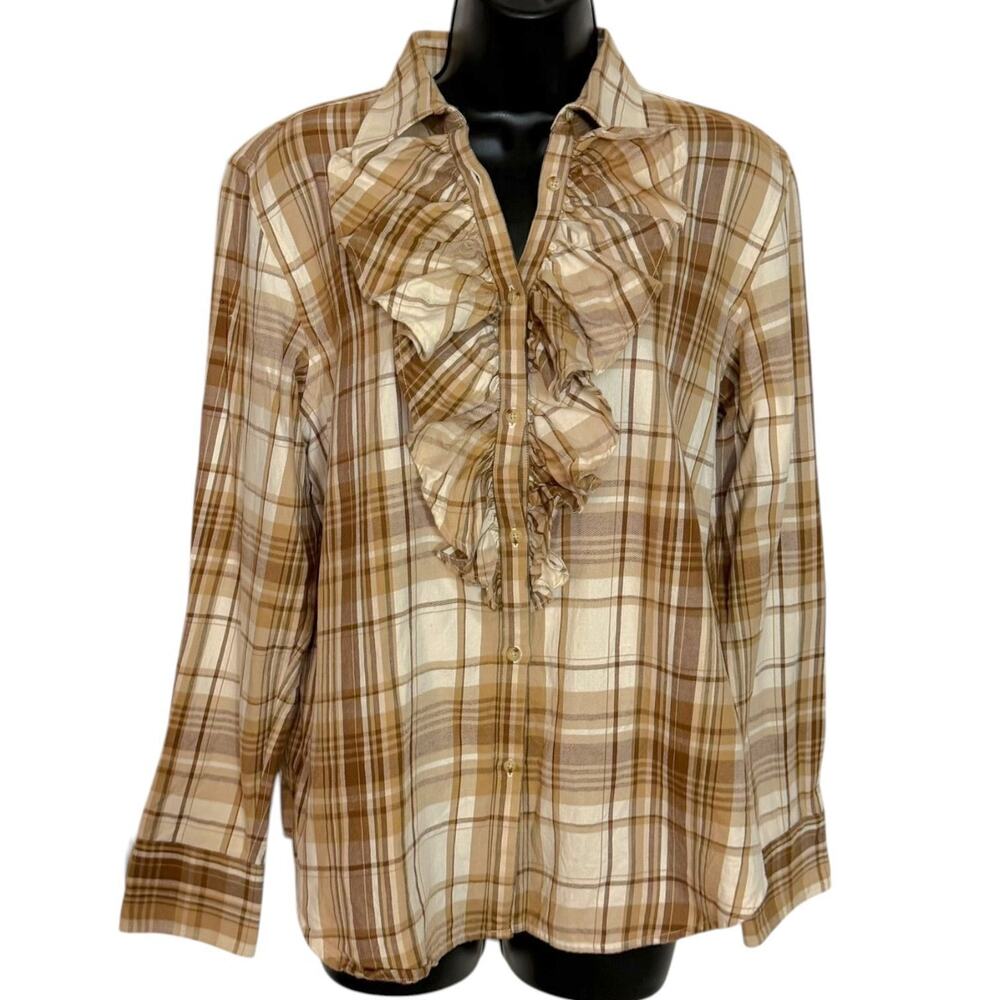 RALPH LAUREN WOMENS SIZE L RUFFLED PLAID BUTTON DOWN WESTERN PREPPY EQUESTRIAN
